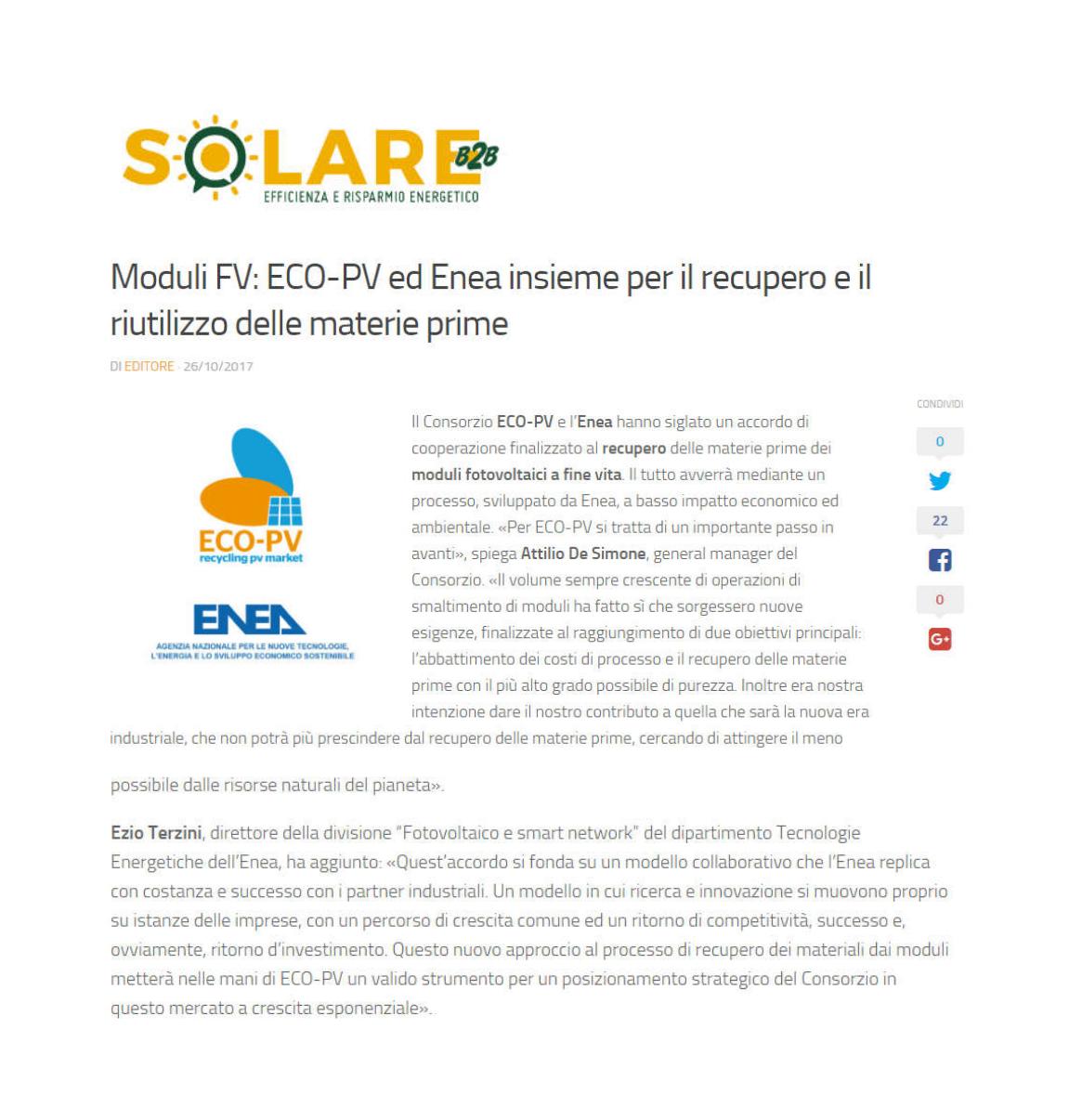 Moduli FV ECO-PV ed Enea insieme per il recupero e il riutilizzo delle materie prime
