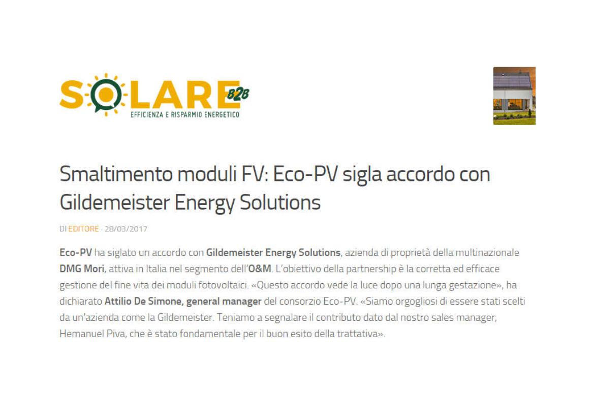 Smaltimento moduli FV Eco-PV sigla accordo con Gildemeister Energy Solutions
