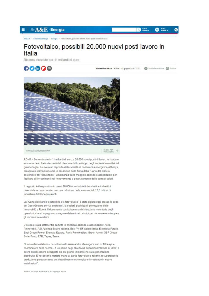 Fotovoltaico, possibili 20.000 nuovi posti lavoro in Italia
