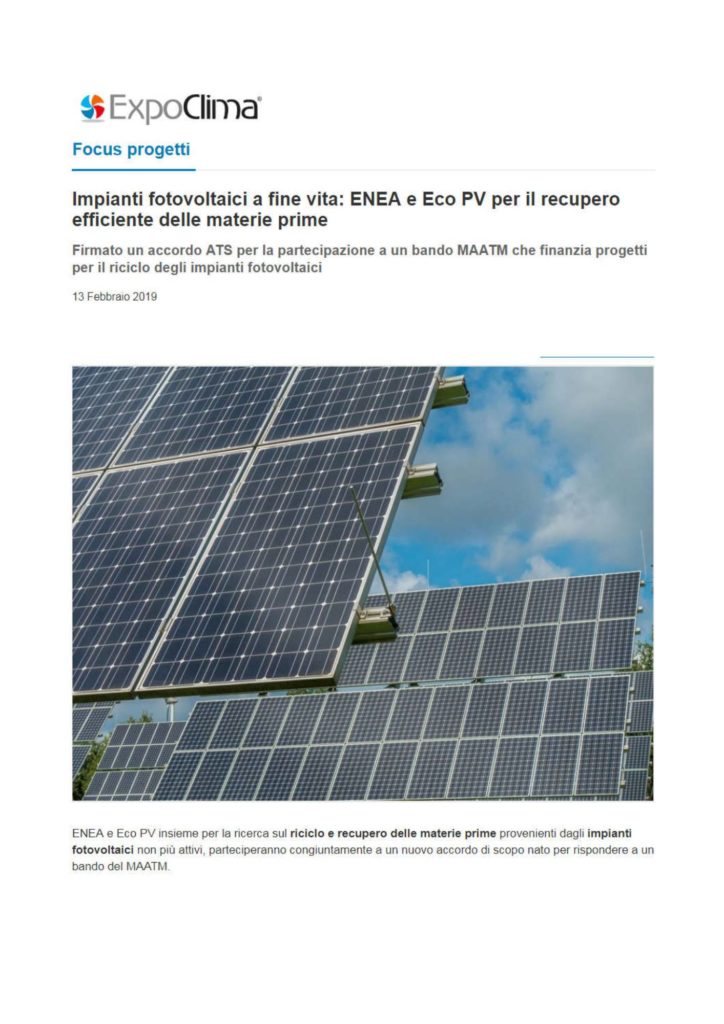 Impianti fotovoltaici a fine vita: ENEA e Eco PV per il recupero efficiente delle materie prime