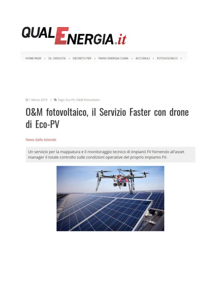 O&M fotovoltaico, il Servizio Faster con drone di Eco-PV