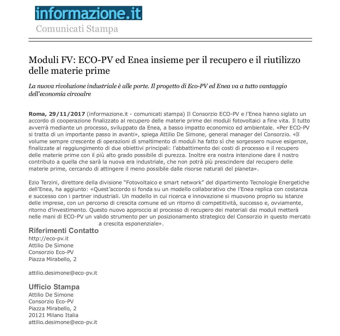 Moduli FV_ ECO-PV ed Enea insieme per il recupero e il riutilizzo delle materie prime