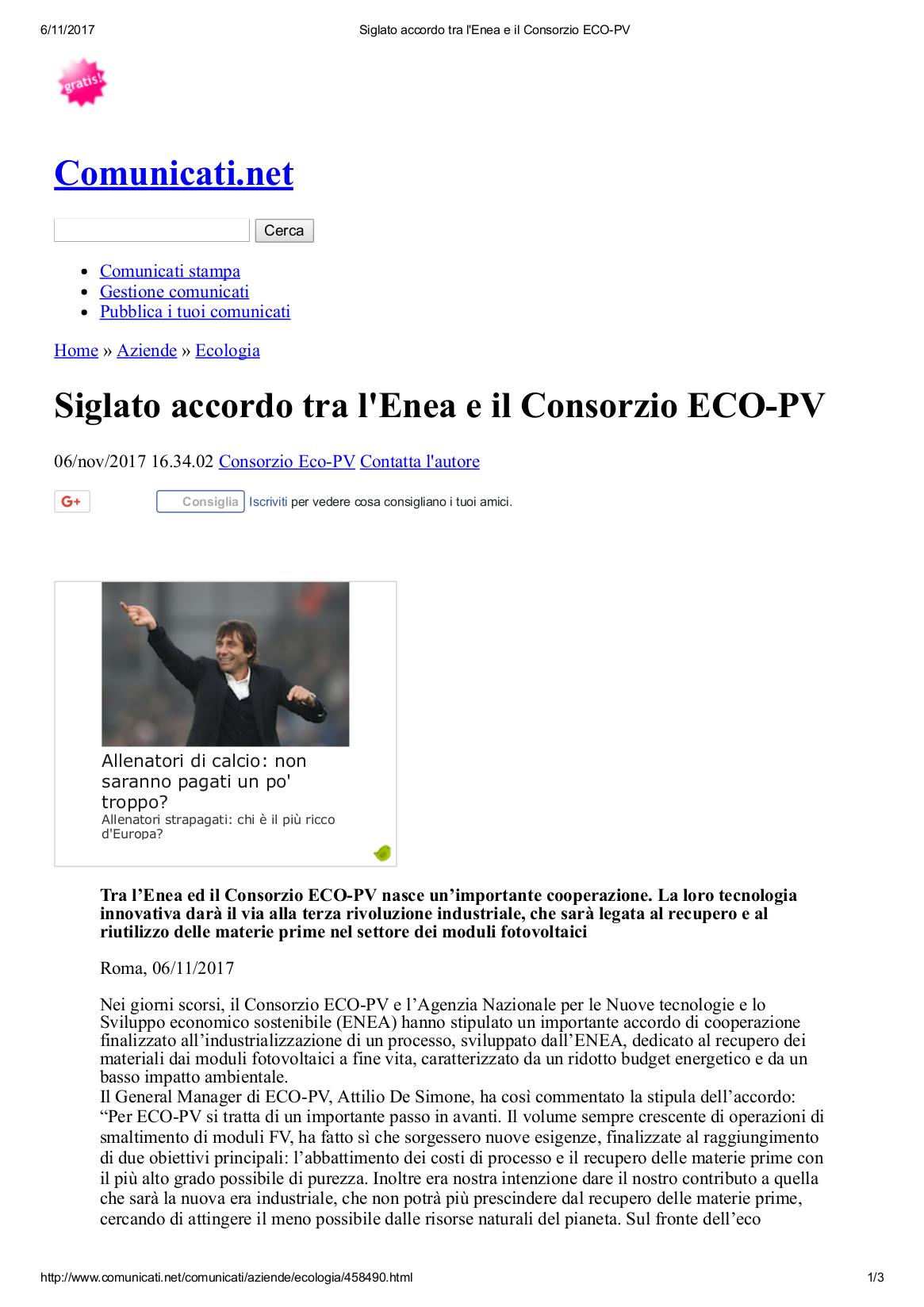 siglato accordo tra l'Enea e il Consorzio Eco-PV