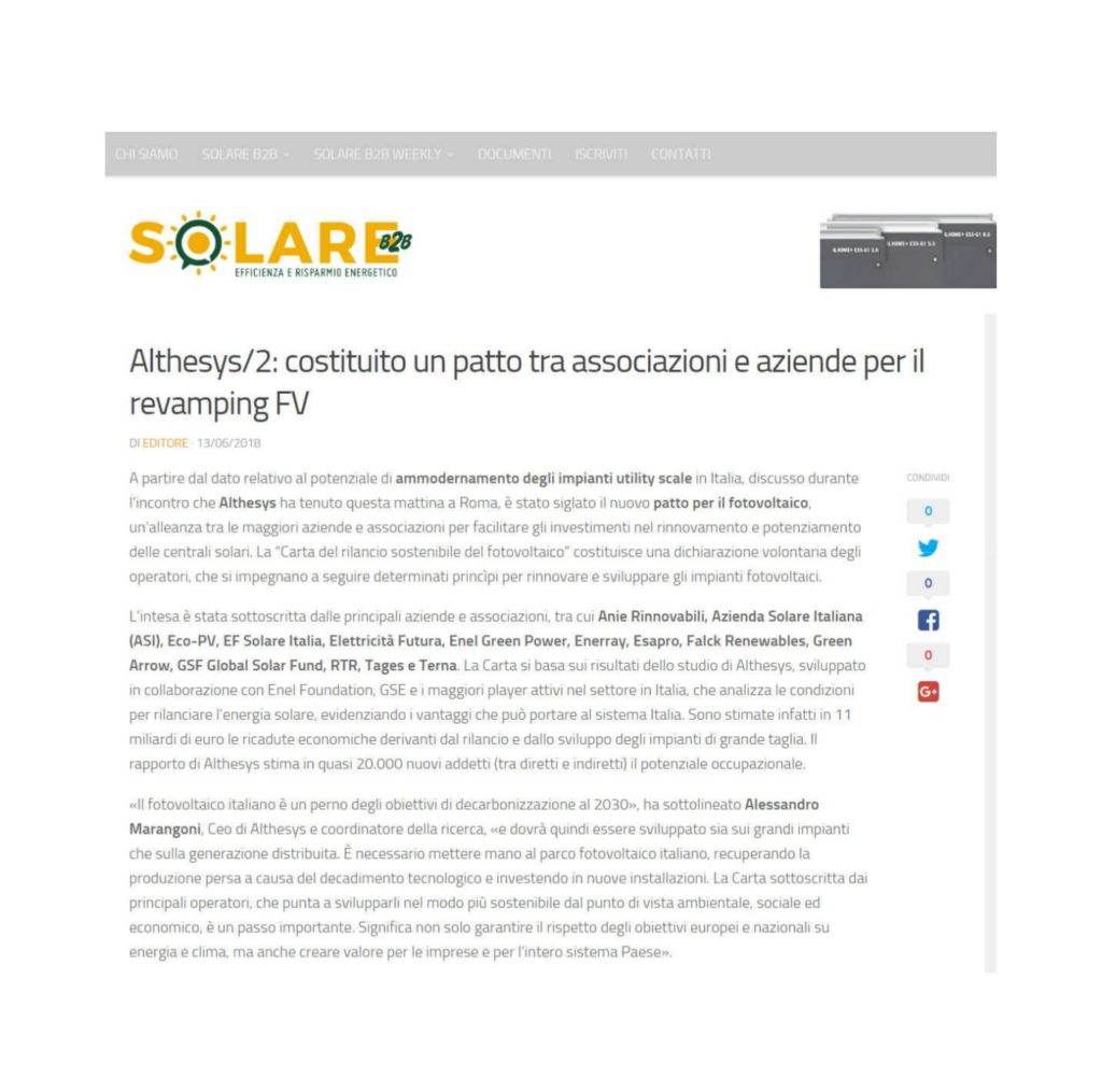 Althesys/2: costituito un patto tra associazioni e aziende per il revamping FV