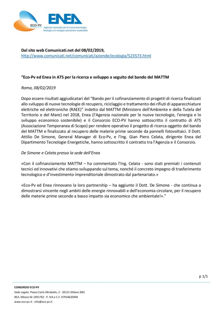 Eco-Pv ed Enea in ATS per la ricerca e sviluppo a seguito del bando del MATTM