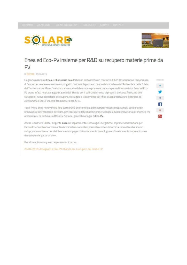 Enea ed Eco-Pv insieme per R&D su recupero materie prime da FV
