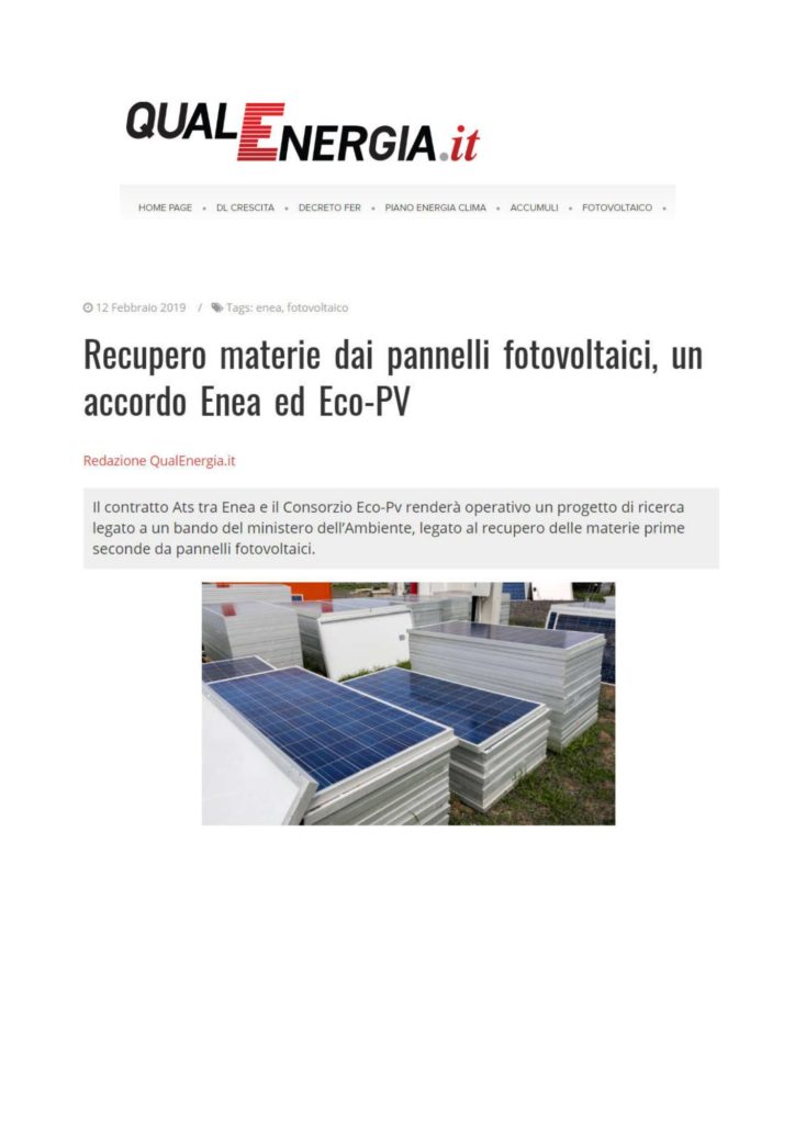 Recupero materie dai pannelli fotovoltaici, un accordo Enea ed Eco-PV